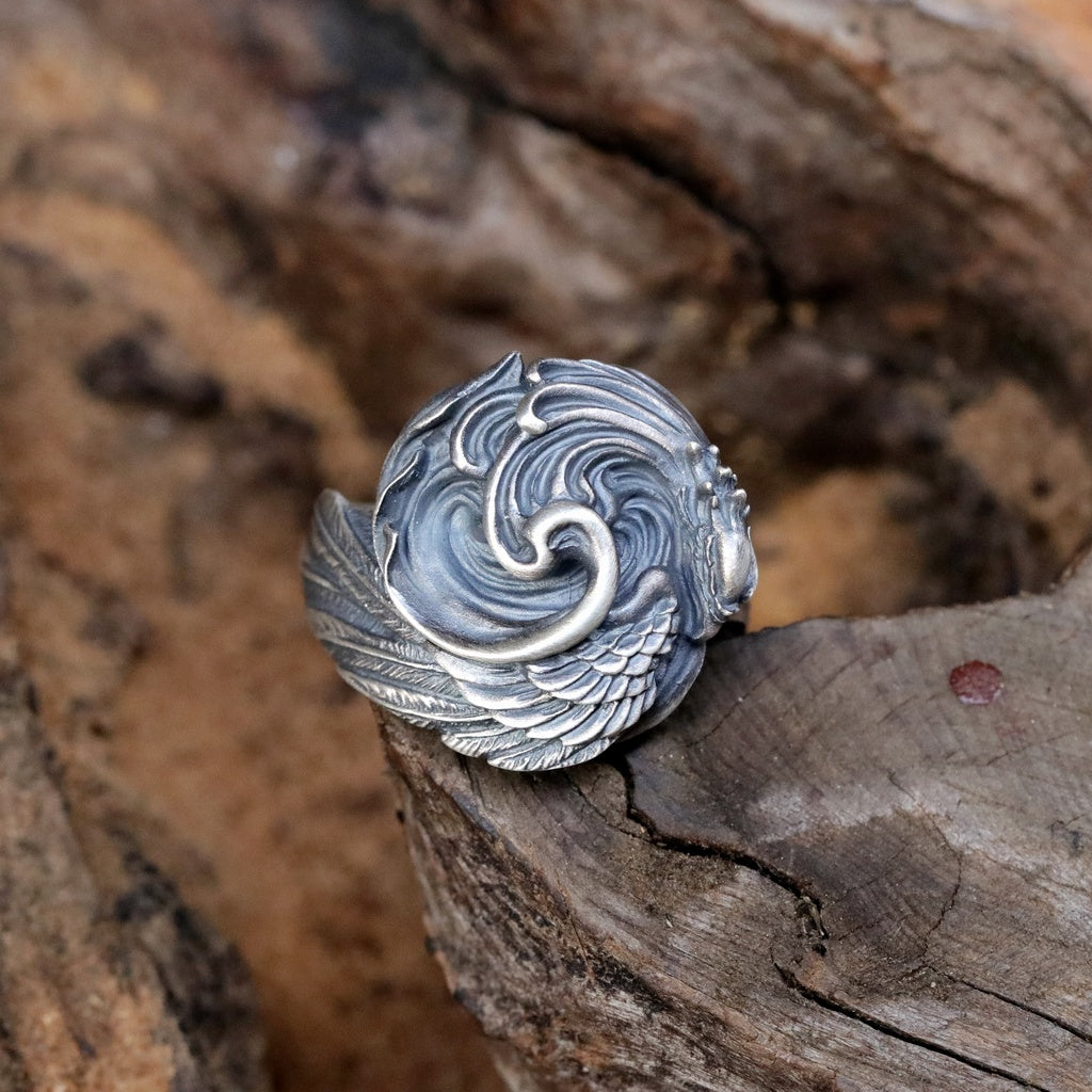 【Silver Monsters】日本雕畫雙絕 Dual Flow 細緻雕工 經典初代鳳凰 "輪迴" 純銀戒指