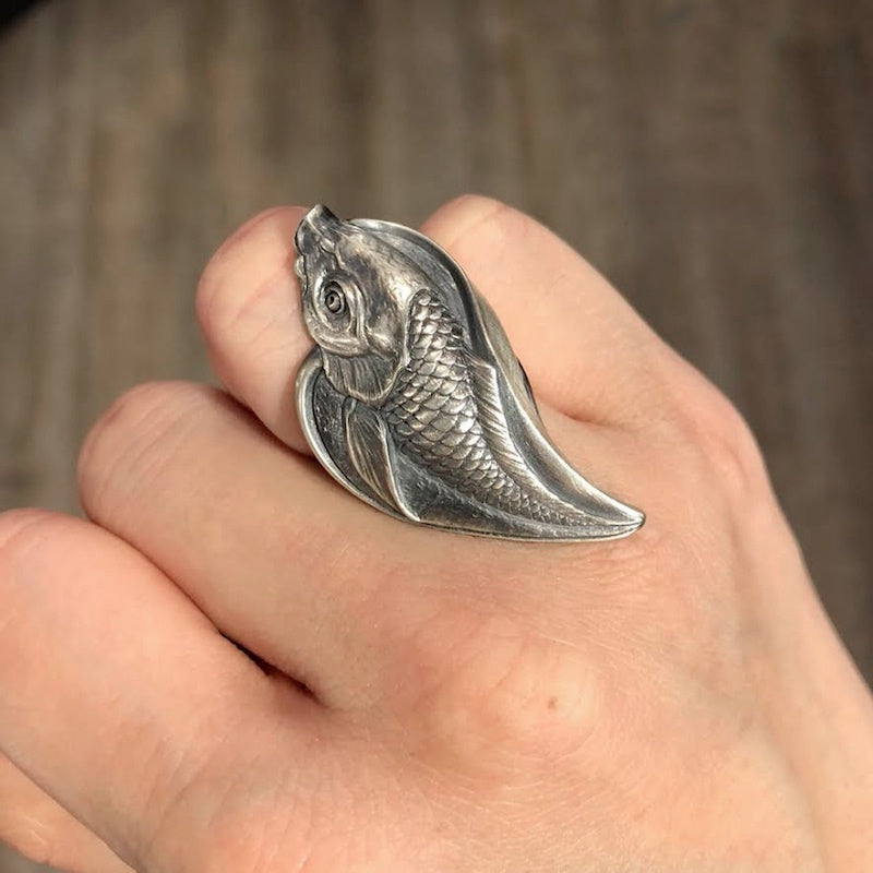 日本雕畫雙絕 Dual Flow 鯉魚躍龍門 -鯉- 杉山手工 純銀戒指