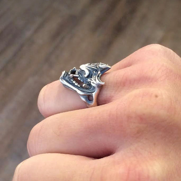 【Silver Monsters】日本雕畫雙絕 Dual Flow 原創設計 般若武士面甲 手作純銀戒指