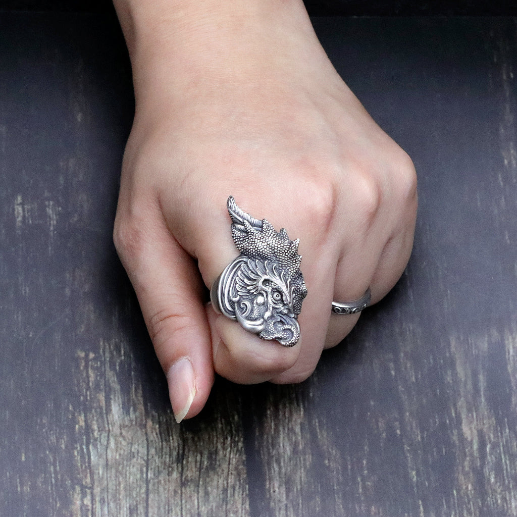 【Silver Monsters】日本雕畫雙絕 Dual Flow 鬥志昂揚 -翎羽公雞- 手作 純銀 戒指