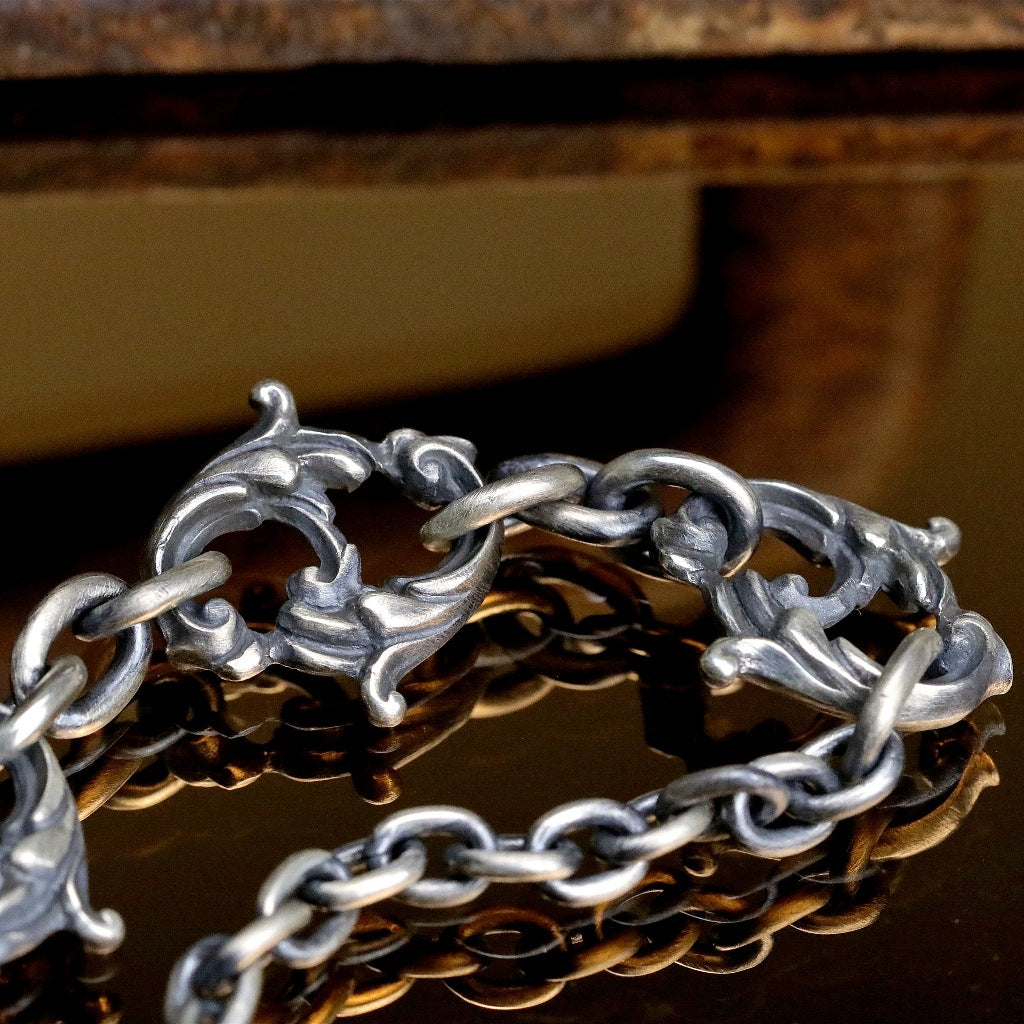 【Silver Monsters】日本一級神牌 Loud Style Design 原創手工作舊 半雕花T字 純銀手鍊
