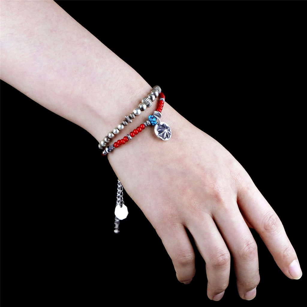 【Silver Monsters】日本手作Kazoo 美kingman松石/琉璃紅珠/打印做舊銀珠復古手鍊