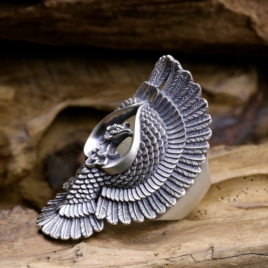 【Silver Monsters】日本雕畫雙絕 Dual Flow 原創設計 展翼鳳凰 手作純銀戒指 銀飾