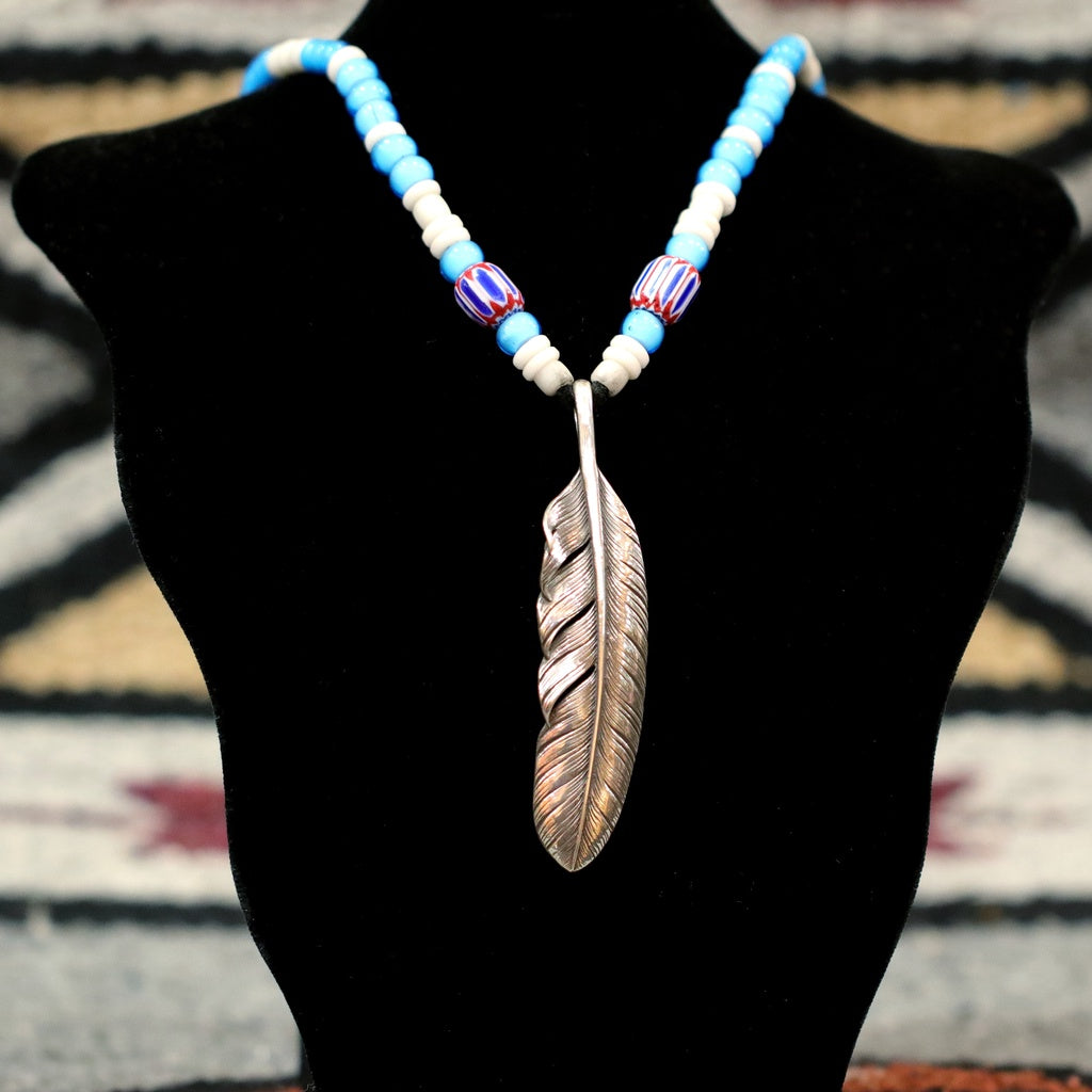 【Silver Monsters】日本Mt.hill 原民風古董白芯老珠大銀羽【水藍】項鍊