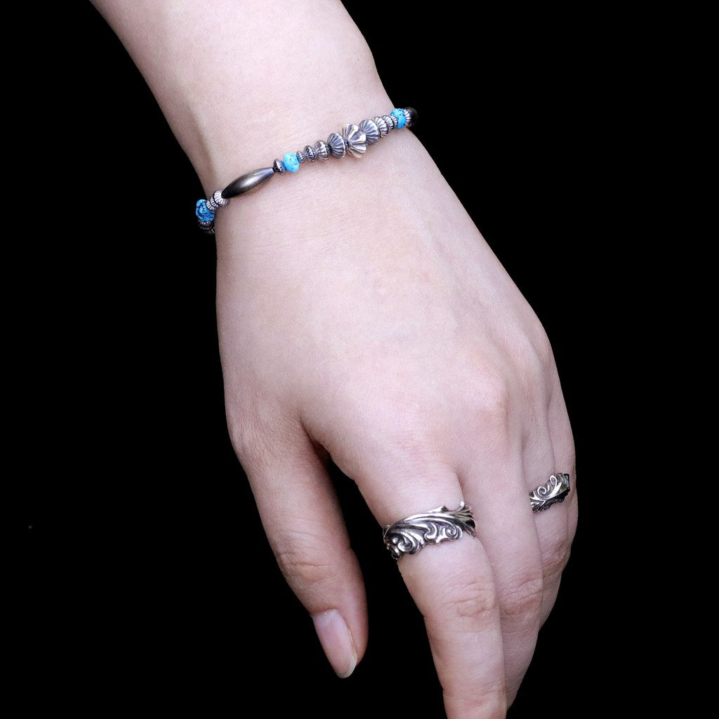 【Silver Monsters】日本手作Kazoo 美產Kingman松石/銀管銀貝 可調節長度手鍊