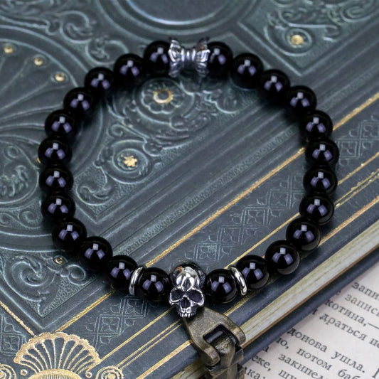 【Silver Monsters】日本手作 Nil:GRAVE 特約品牌 半顎骷髏 黑瑪瑙 純銀串珠手鍊