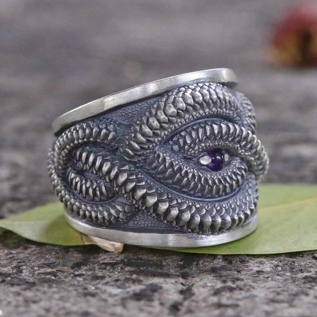 【Silver Monsters】日本雕畫雙絕 Dual Flow 銜尾蛇原創 超越Beyond 純銀紫晶戒指
