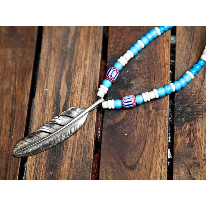 【Silver Monsters】日本Mt.hill 原民風古董白芯老珠大銀羽【水藍】項鍊