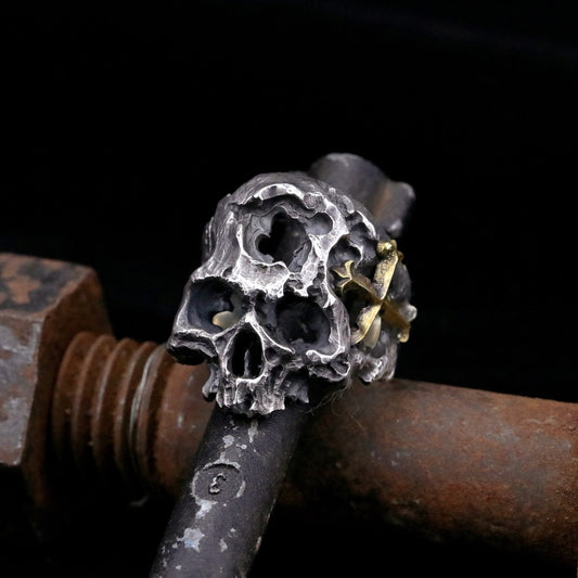 【Silver Monsters】日本一線神牌Loud Style Design 手作破壞 黃銅十字 半顎骷髏 純銀戒指
