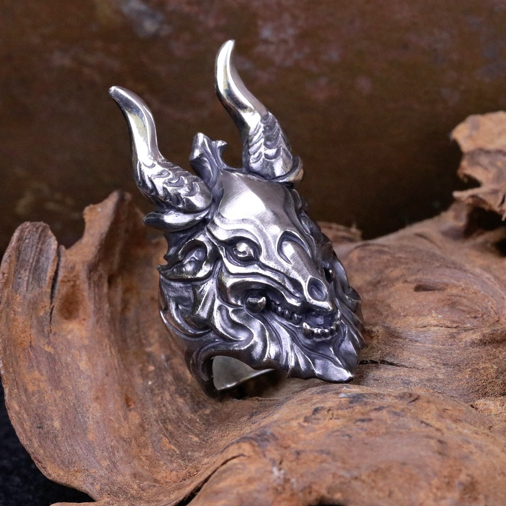 【Silver Monsters】日本前衛宗師 Glam Scale 機甲王 惡魔羊角骷髏 純銀戒指