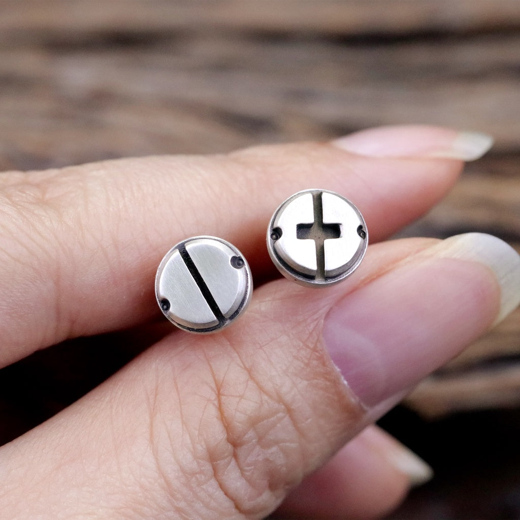 【Silver Monsters】日本前衛宗師Glam Scale 機甲王 髮絲紋霧化 啞光機械螺帽 純銀耳針