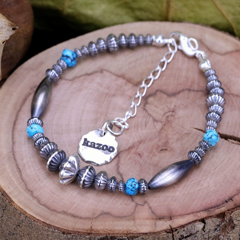 【Silver Monsters】日本手作Kazoo 美產Kingman松石/銀管銀貝 可調節長度手鍊