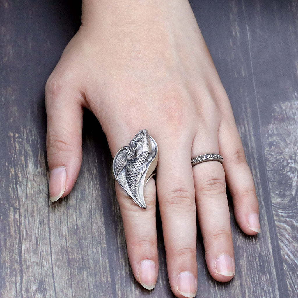 日本雕畫雙絕 Dual Flow 鯉魚躍龍門 -鯉- 杉山手工 純銀戒指