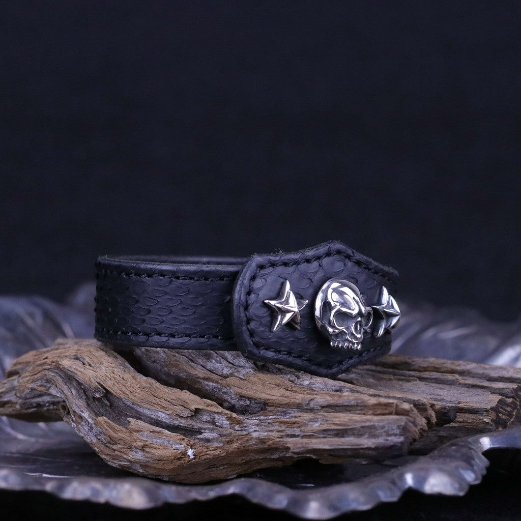 【Silver Monsters】日本一級神牌Loud Style Design 原創經典 骷髏銀星 黑蛇皮手環
