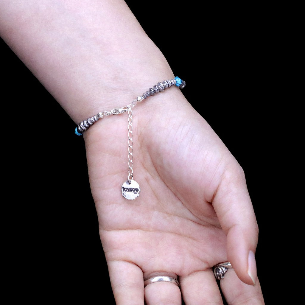 【Silver Monsters】日本手作Kazoo 美產Kingman松石/銀管銀貝 可調節長度手鍊