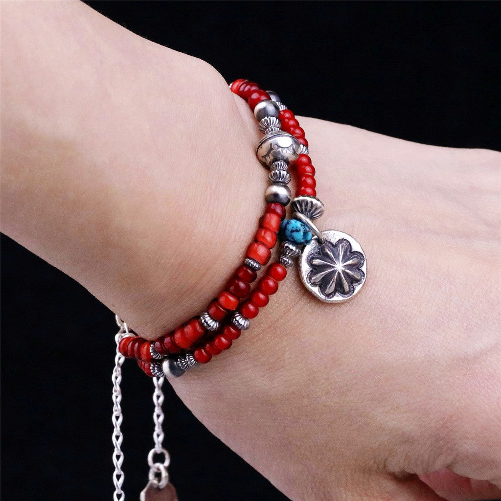 【Silver Monsters】日本手作Kazoo 印第安打印做舊銀珠/琉璃紅珠復古手鍊