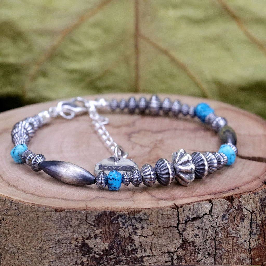 【Silver Monsters】日本手作Kazoo 美產Kingman松石/銀管銀貝 可調節長度手鍊