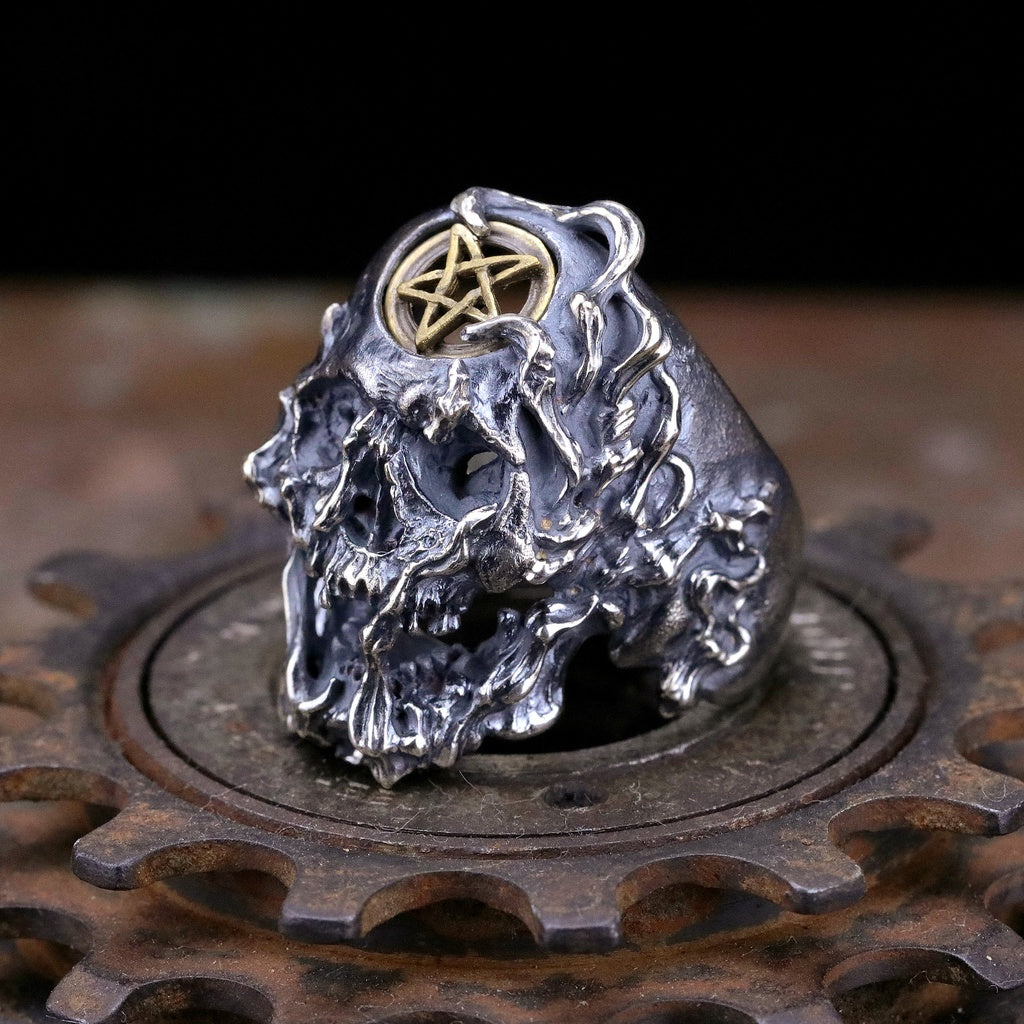 【Silver Monsters】日本手作 Nil:GRAVE 特約品牌 "Linaria" 熔炎逆五芒星骷髏戒指