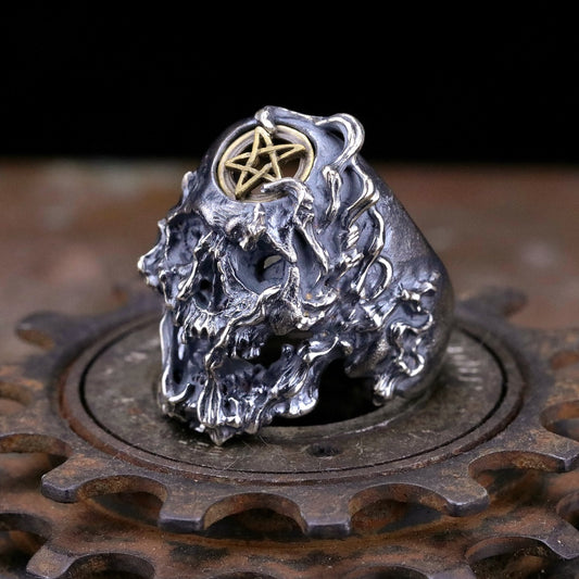 【Silver Monsters】日本手作 Nil:GRAVE 特約品牌 "Linaria" 熔炎逆五芒星骷髏戒指