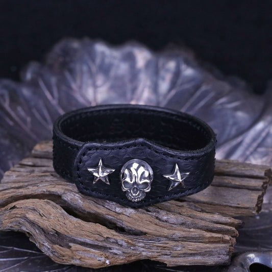 【Silver Monsters】日本一級神牌Loud Style Design 原創經典 骷髏銀星 黑蛇皮手環