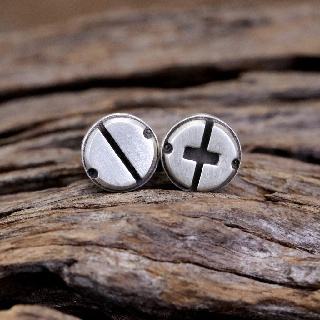 【Silver Monsters】日本前衛宗師Glam Scale 機甲王 髮絲紋霧化 啞光機械螺帽 純銀耳針