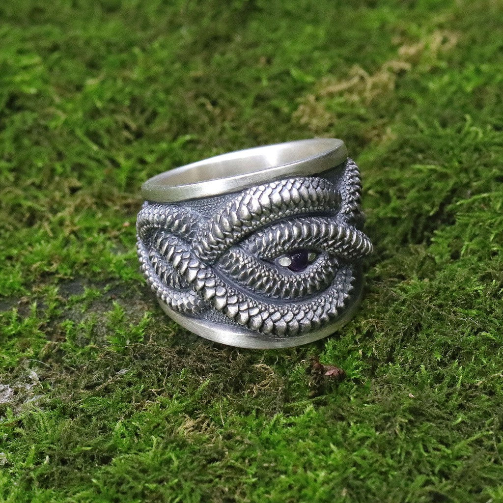 【Silver Monsters】日本雕畫雙絕 Dual Flow 銜尾蛇原創 超越Beyond 純銀紫晶戒指