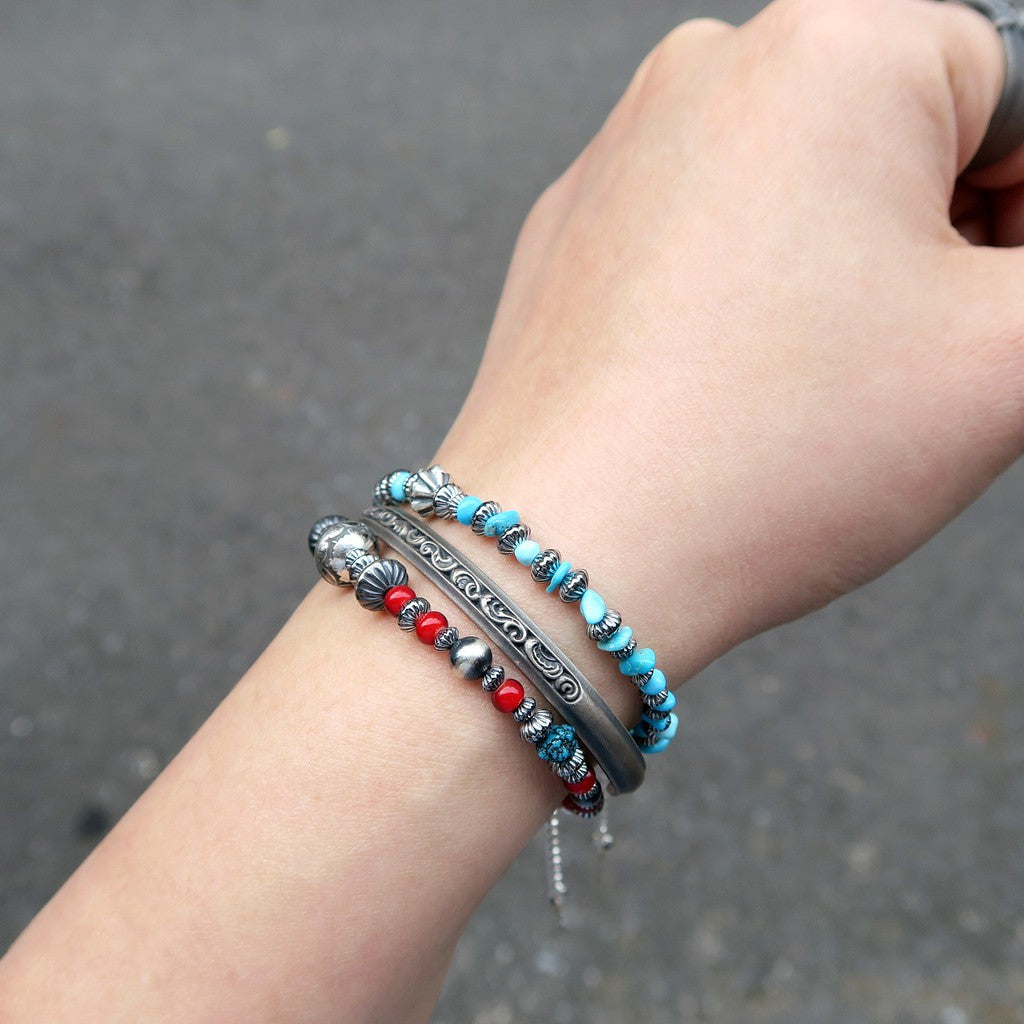 【Silver Monsters】日本手作Kazoo 美國kingman松石/做舊銀貝銀珠 復古琉璃紅珠 手鍊