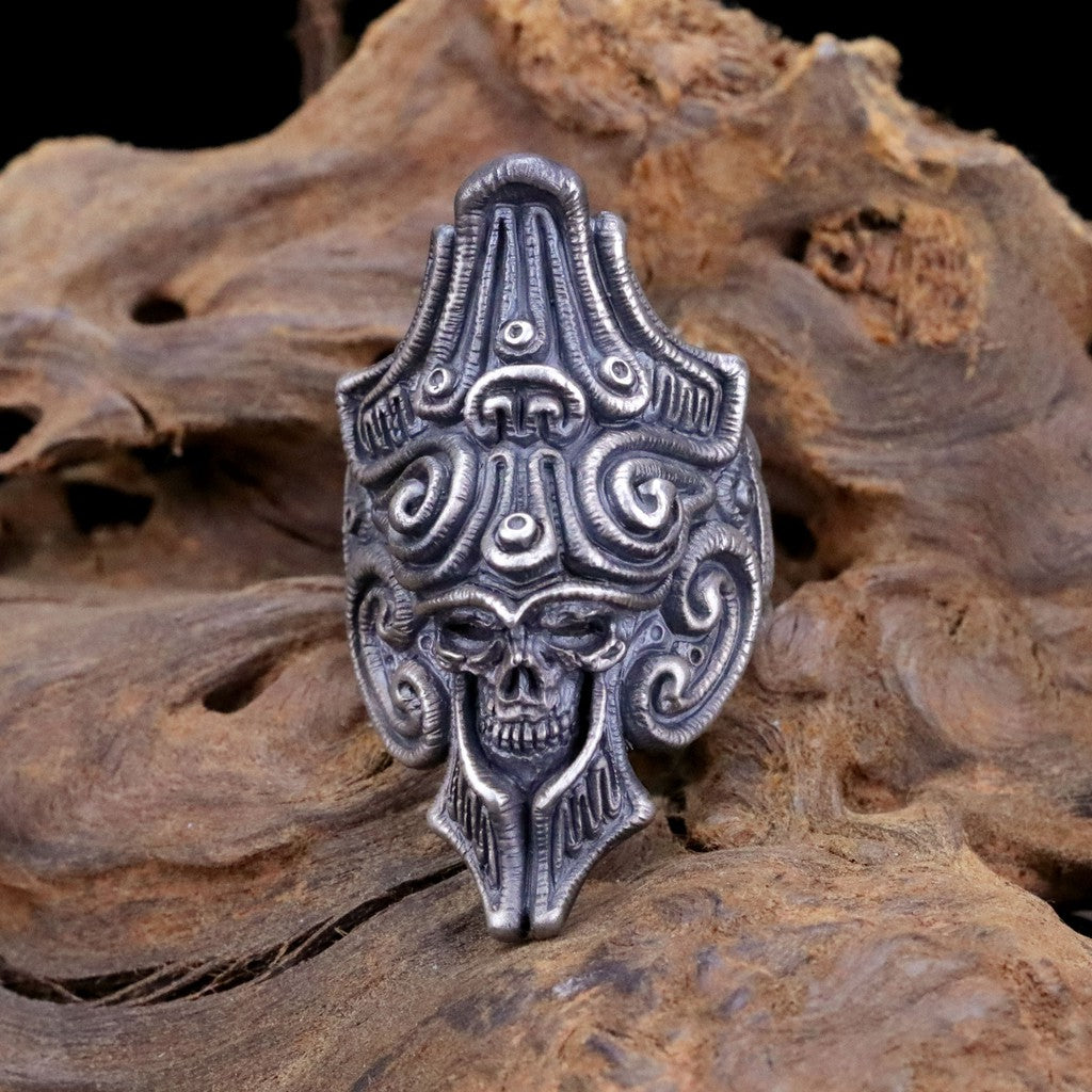 【Silver Monsters】日本雕畫雙絕 Dual Flow 細緻雕工 "繩紋骷髏" 手作霧面純銀戒指