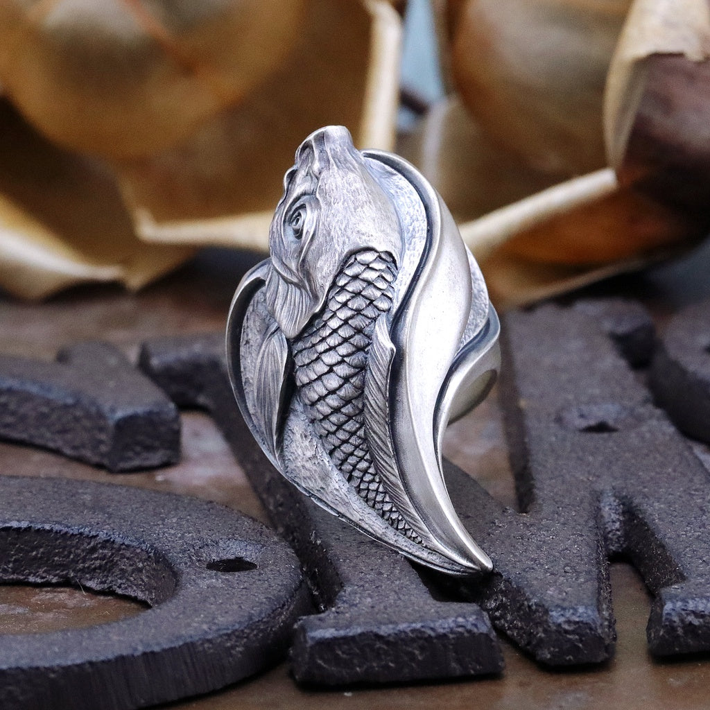 日本雕畫雙絕 Dual Flow 鯉魚躍龍門 -鯉- 杉山手工 純銀戒指