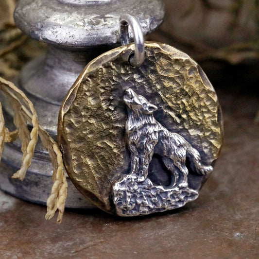 【Silver Monsters】台灣職人手作KOPO METAL 手鍛銅月 芒刻精雕 孤狼嘯月 純銀/黃銅吊墜