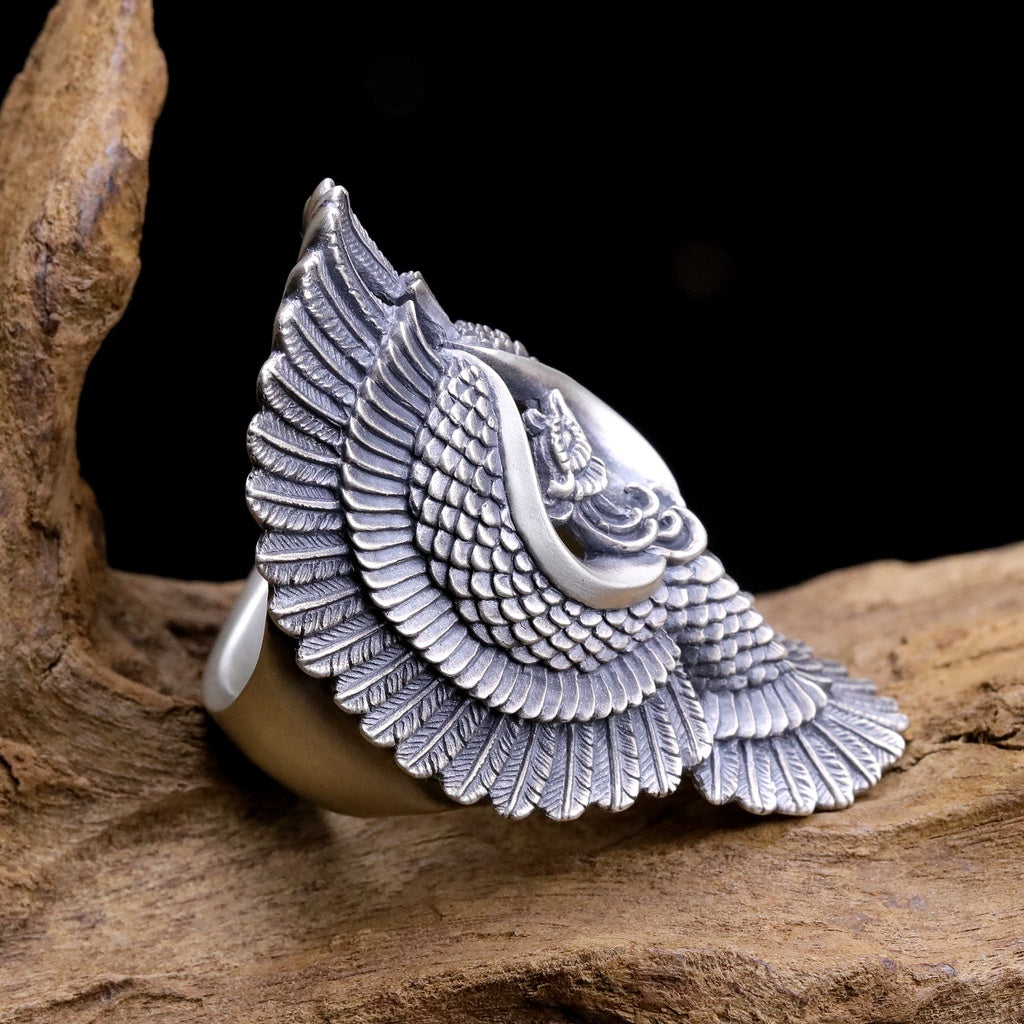 【Silver Monsters】日本雕畫雙絕 Dual Flow 原創設計 展翼鳳凰 手作純銀戒指 銀飾