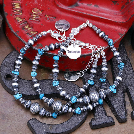 【Silver Monsters】日本手作Kazoo 美國kingman松石/做舊銀貝銀珠復古手鍊