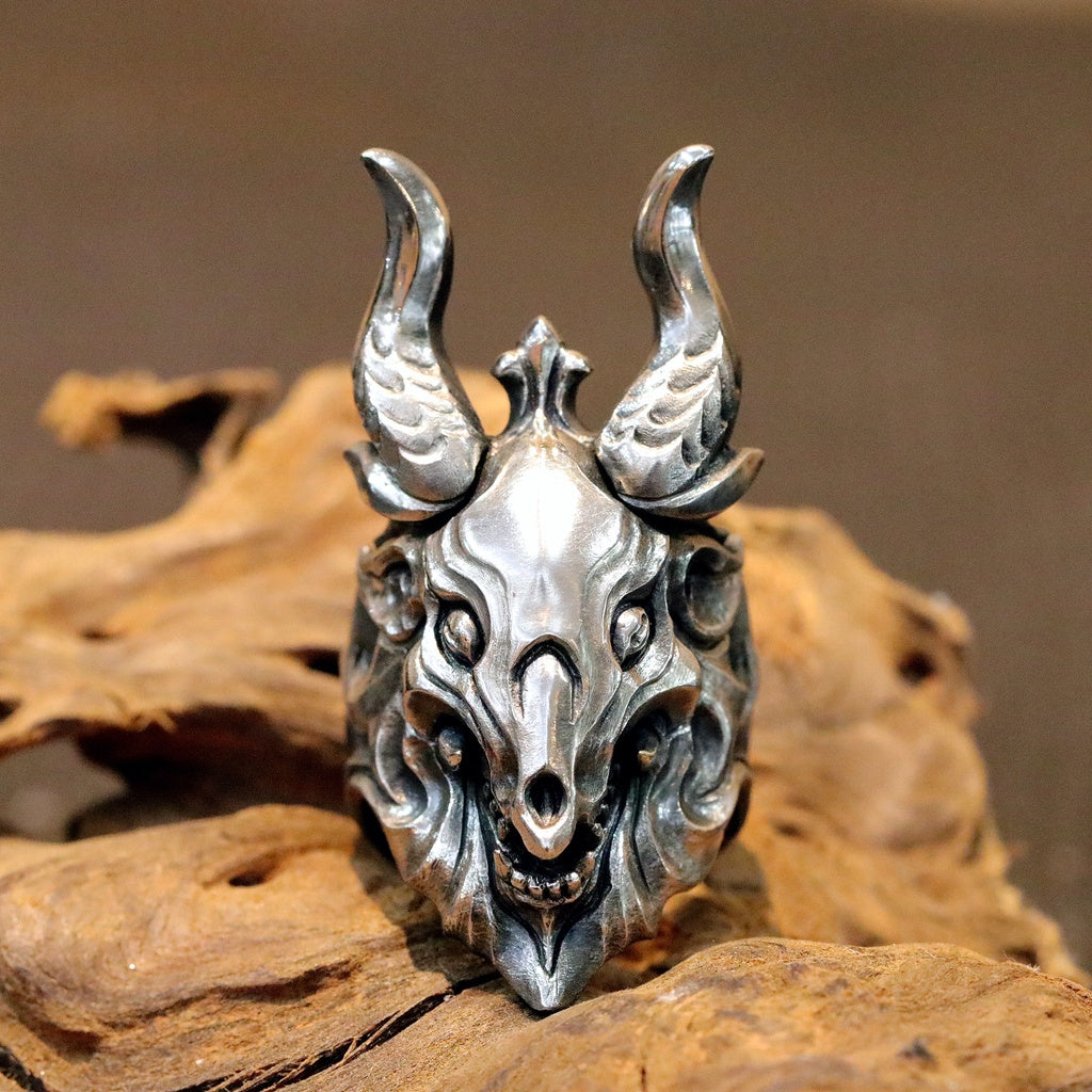 【Silver Monsters】日本前衛宗師 Glam Scale 機甲王 惡魔羊角骷髏 純銀戒指