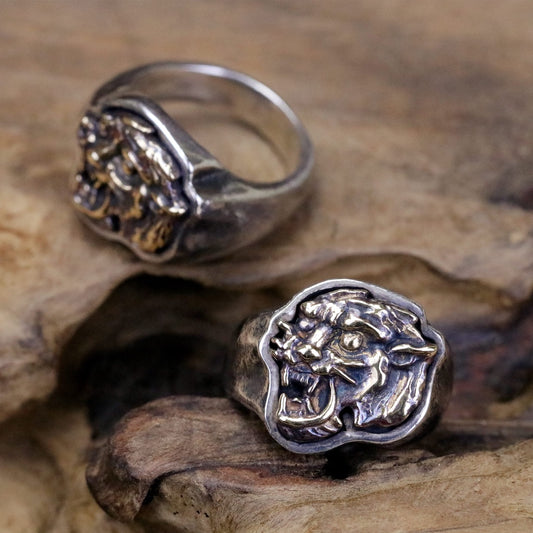 【Silver Monsters】台灣職人 KOPO METAL 復古手打 黃銅鑲嵌 橫須賀猛虎 純銀戒指