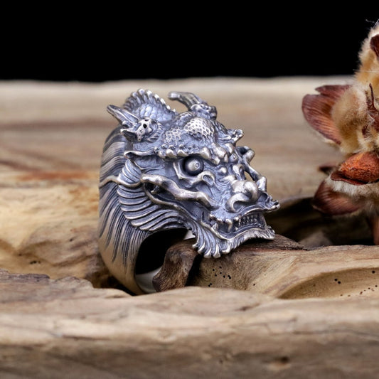 【Silver Monsters】日本雕畫雙絕 Dual Flow 細緻雕工 闊口怒目 "神龍" 純銀戒指