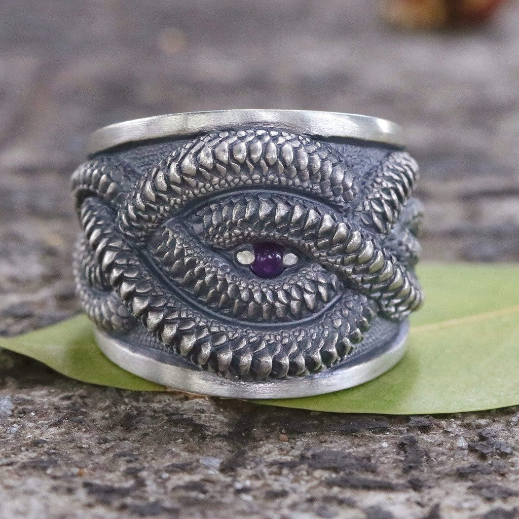 【Silver Monsters】日本雕畫雙絕 Dual Flow 銜尾蛇原創 超越Beyond 純銀紫晶戒指