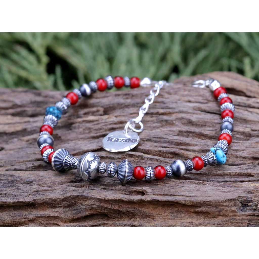 【Silver Monsters】日本手作Kazoo 美國kingman松石/做舊銀貝銀珠 復古琉璃紅珠 手鍊