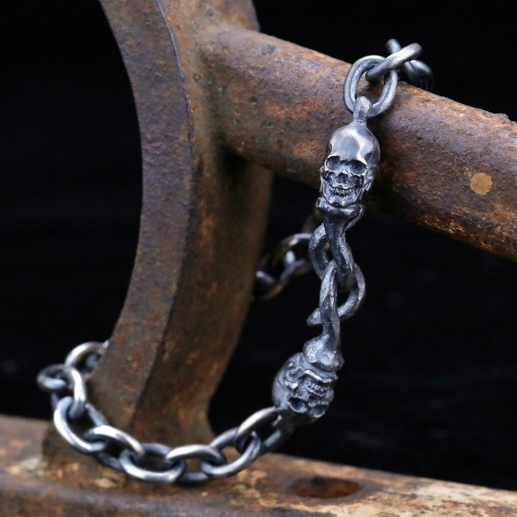 【Silver Monsters】日本一級神牌Loud Style Design 手作舊化 破壞骷髏雙勾純銀手鍊