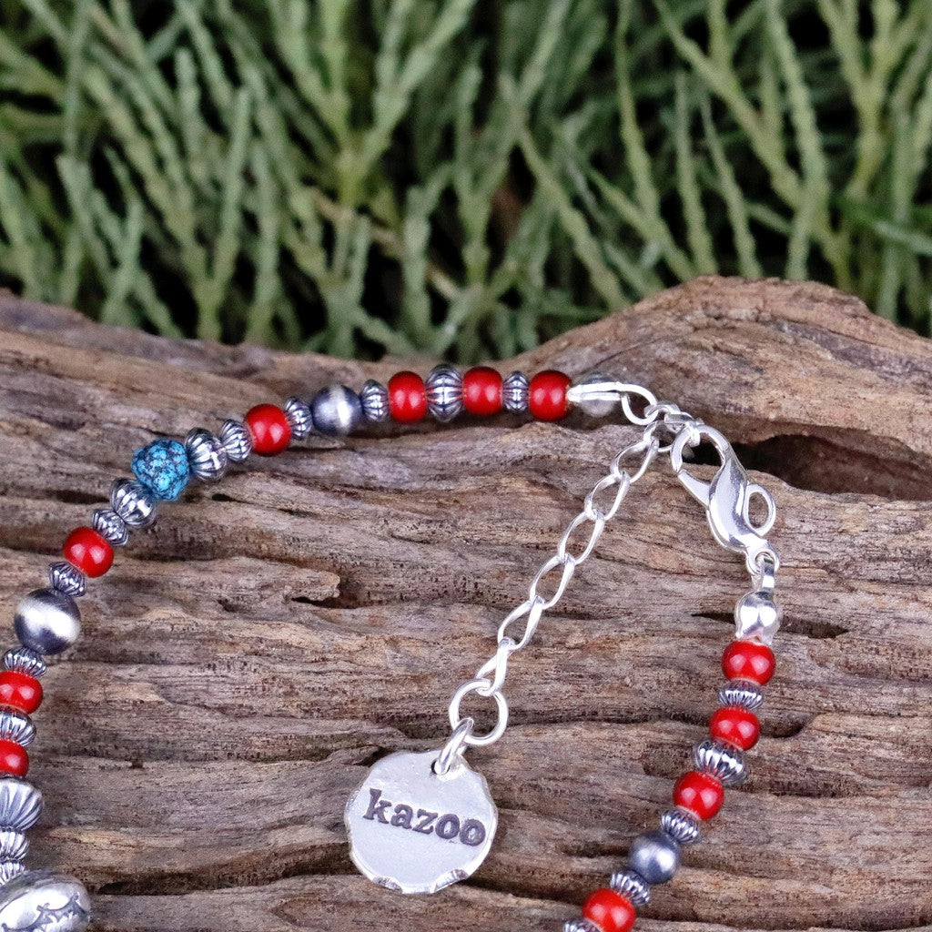 【Silver Monsters】日本手作Kazoo 美國kingman松石/做舊銀貝銀珠 復古琉璃紅珠 手鍊