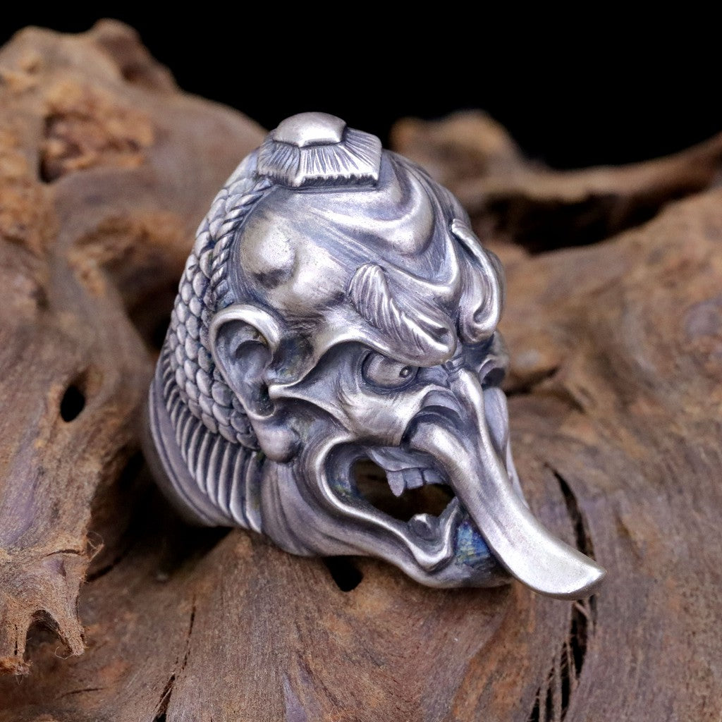 【Silver Monsters】日本雕畫雙絕 Dual Flow 細緻雕工 "天狗" 手作啞光霧面純銀戒指