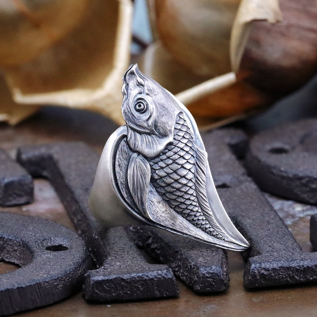 日本雕畫雙絕 Dual Flow 鯉魚躍龍門 -鯉- 杉山手工 純銀戒指