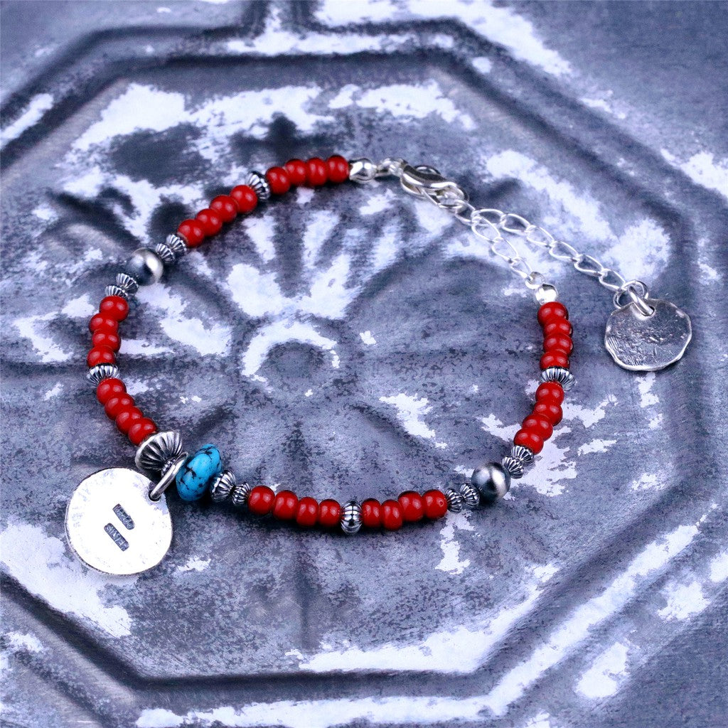 【Silver Monsters】日本手作Kazoo 美kingman松石/琉璃紅珠/打印做舊銀珠復古手鍊