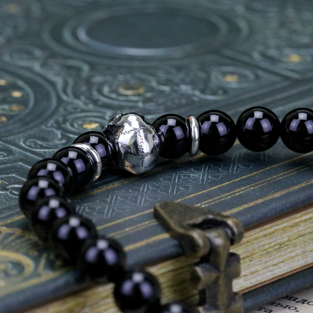 【Silver Monsters】日本手作 Nil:GRAVE 特約品牌 半顎骷髏 黑瑪瑙 純銀串珠手鍊