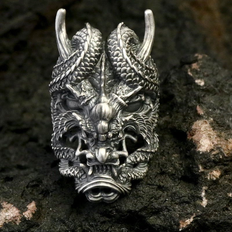 【Silver Monsters】日本雕畫雙絕 Dual Flow 細緻雕工 龍蟠般若 龍鬼 原創設計純銀戒指