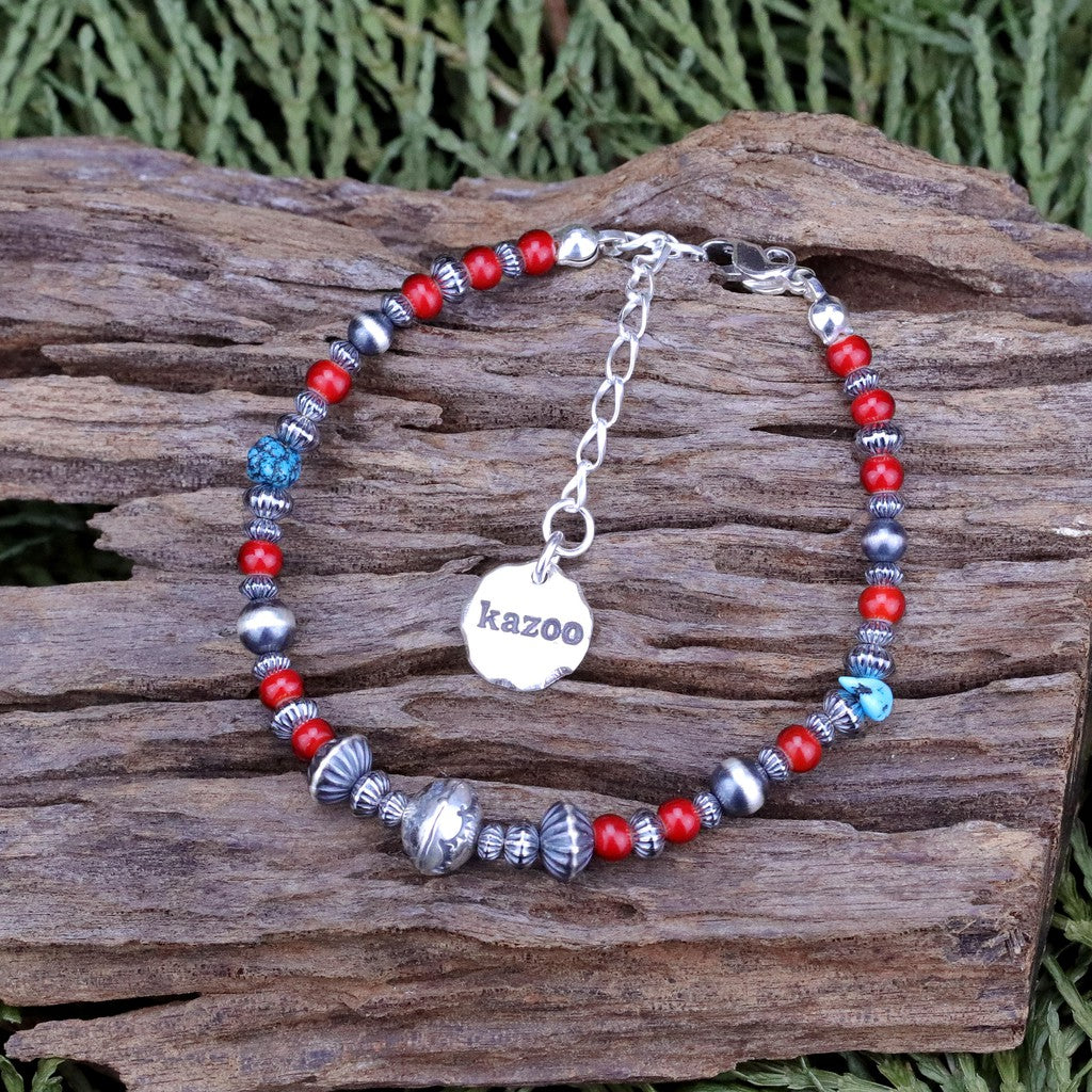【Silver Monsters】日本手作Kazoo 美國kingman松石/做舊銀貝銀珠 復古琉璃紅珠 手鍊