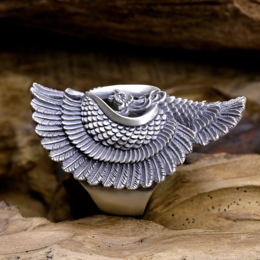 【Silver Monsters】日本雕畫雙絕 Dual Flow 原創設計 展翼鳳凰 手作純銀戒指 銀飾