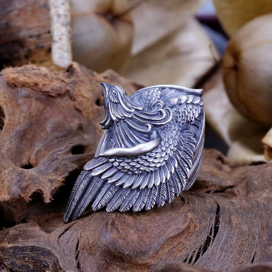 【Silver Monsters】日本雕畫雙絕 Dual Flow 杉山孝博 初代經典 -鳳凰- 手作純銀戒指