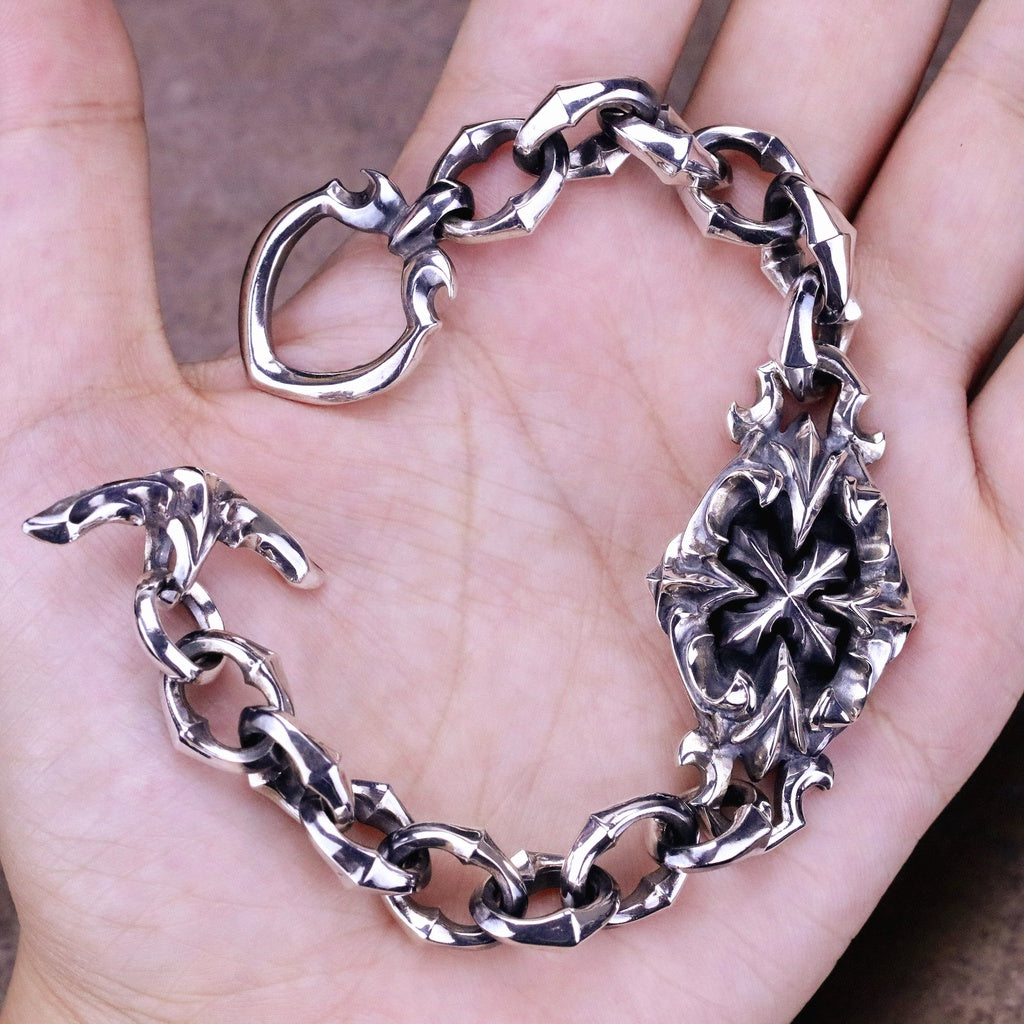 【Silver Monsters】日本一級神牌 Loud Style Design 鐵十字內鑲嵌哥德雕花 純銀手鍊