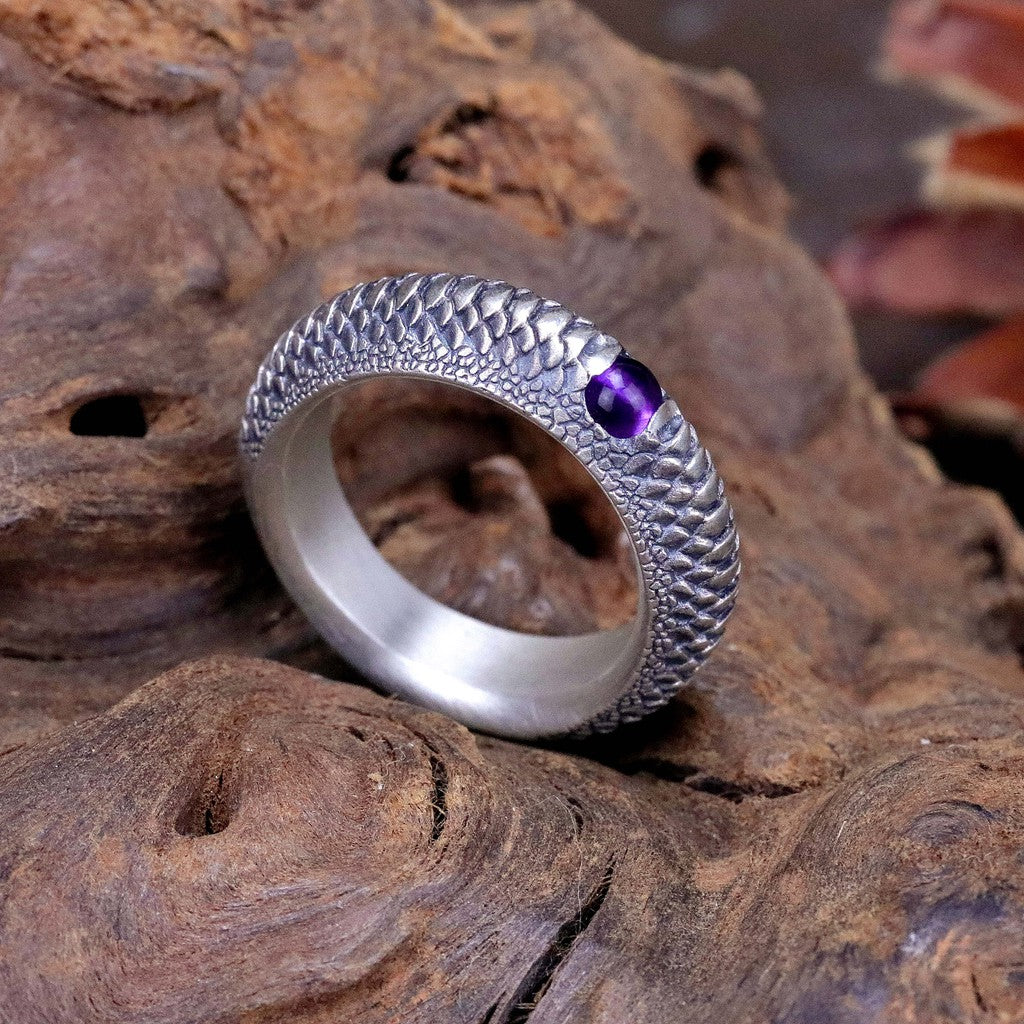 【Silver Monsters】日本雕畫雙絕Dual Flow 細緻雕工 銜尾蛇系列 紫月蛇鱗 紫水晶純銀戒指