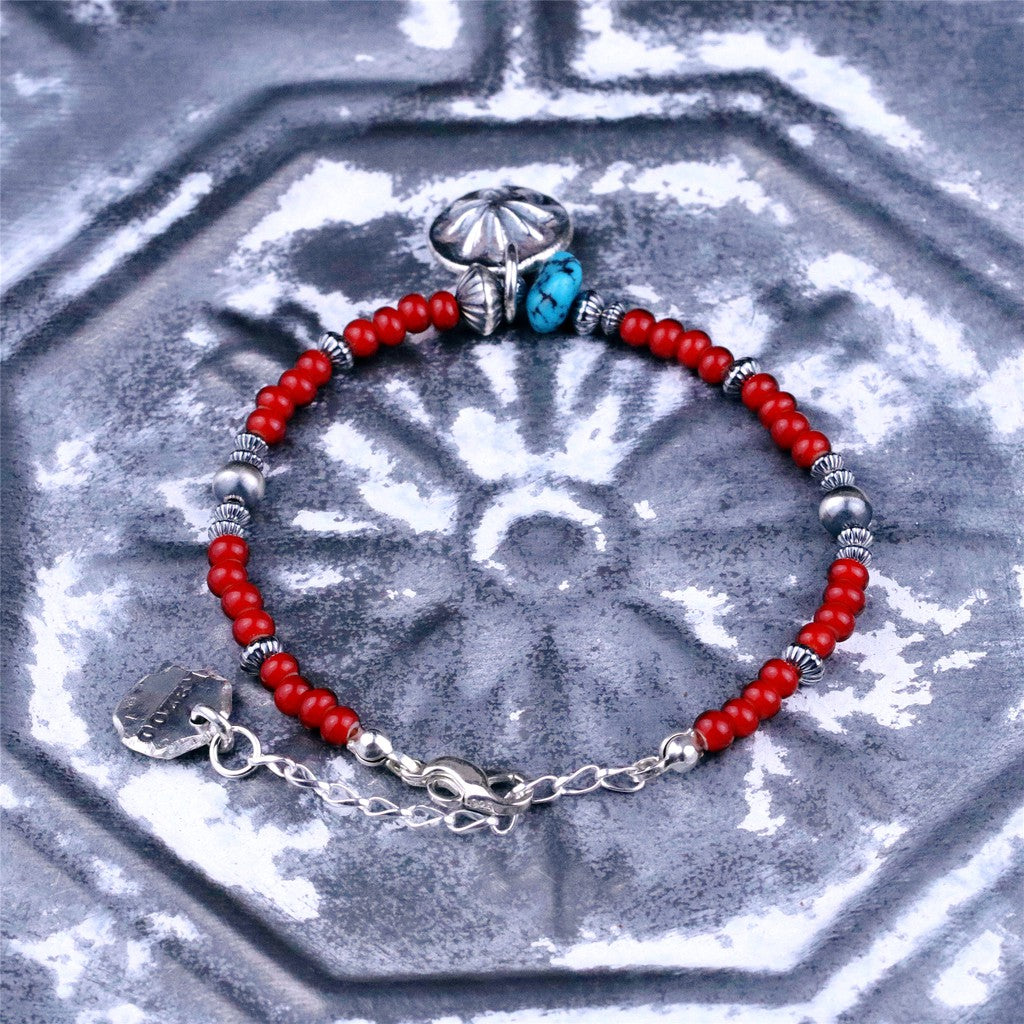 【Silver Monsters】日本手作Kazoo 美kingman松石/琉璃紅珠/打印做舊銀珠復古手鍊